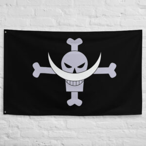 Whitebeard Pirates Flag featuring the iconic skull and crescent mustache Jolly Roger on a black background representing Edward Newgate, the Whitebeard Pirates, and the One Piece universe.