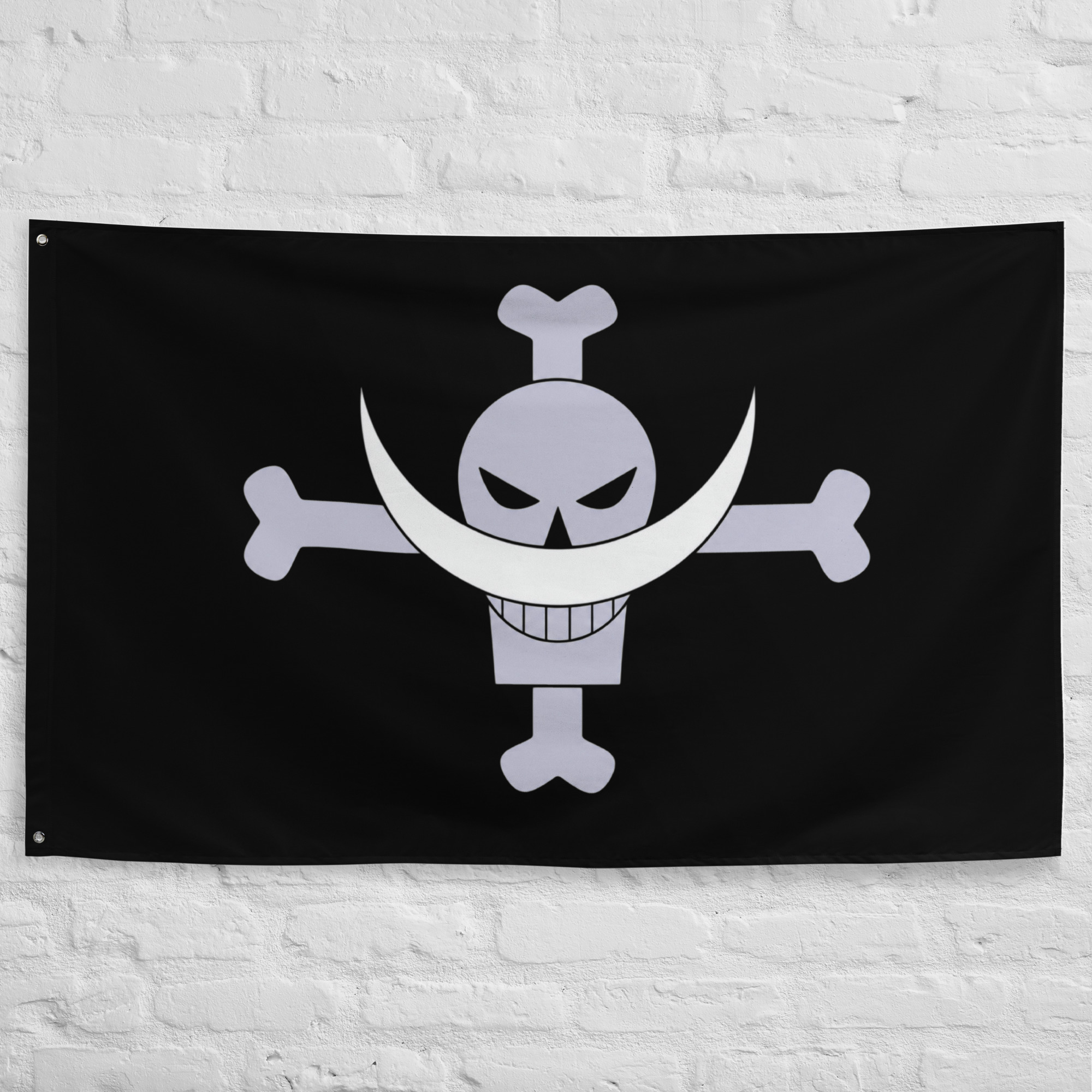 whitebeard-pirates-flag-one-piece-jolly-roger-banner Whitebeard Pirates Flag featuring the iconic skull and crescent mustache Jolly Roger on a black background representing Edward Newgate, the Whitebeard Pirates, and the One Piece universe.