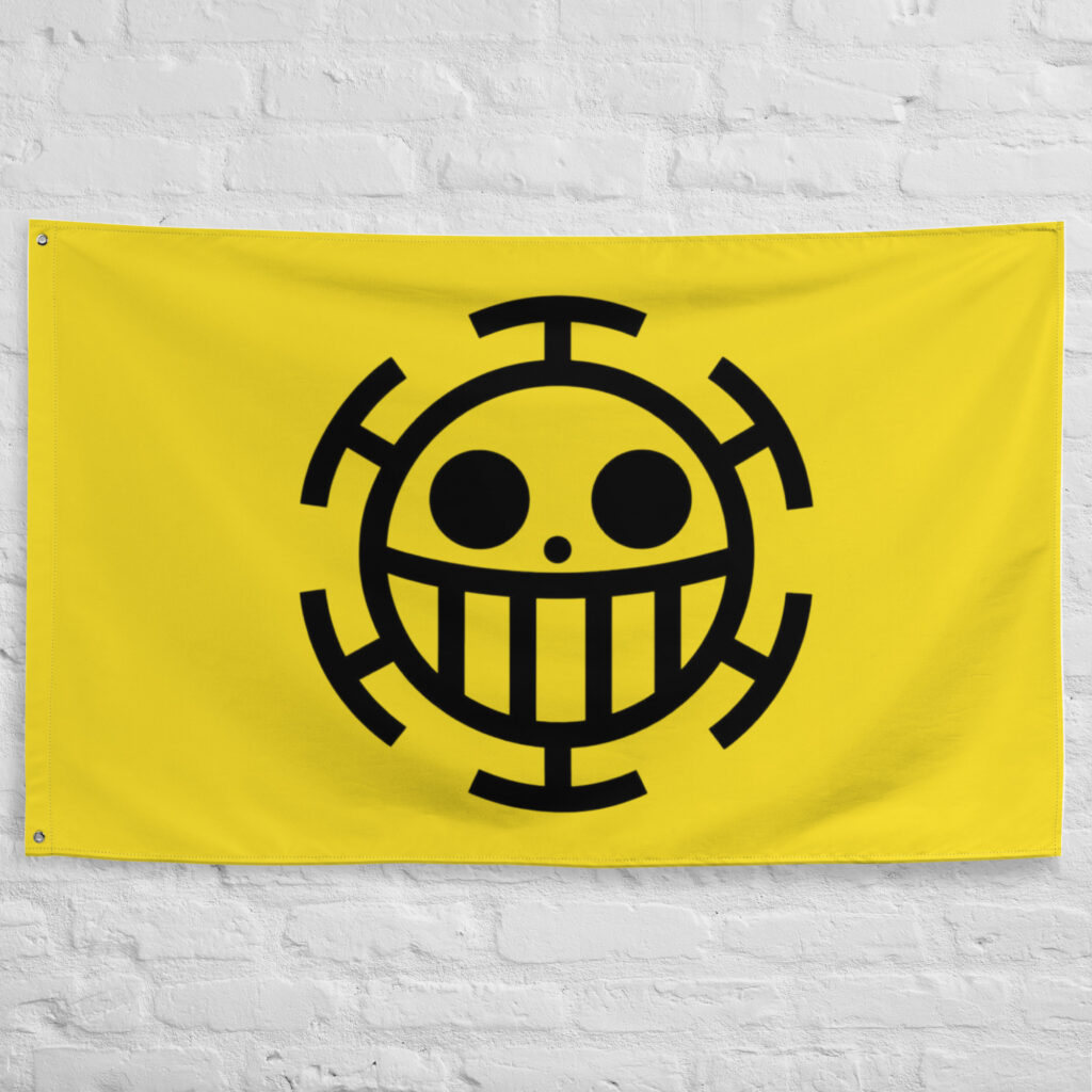 Heart Pirates Flag featuring the iconic smiling Jolly Roger on a yellow background representing Trafalgar Law, the Heart Pirates, and the One Piece universe.