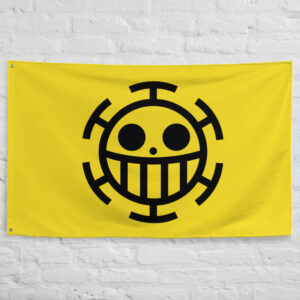 Heart Pirates Flag featuring the iconic smiling Jolly Roger on a yellow background representing Trafalgar Law, the Heart Pirates, and the One Piece universe.