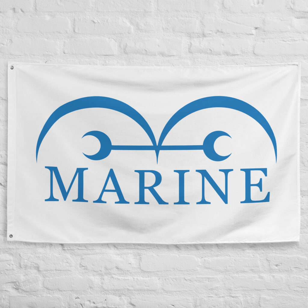 Marine Flag One Piece featuring the iconic blue Marine emblem on a white background representing the World Government Navy, justice, and authority in the One Piece universe.