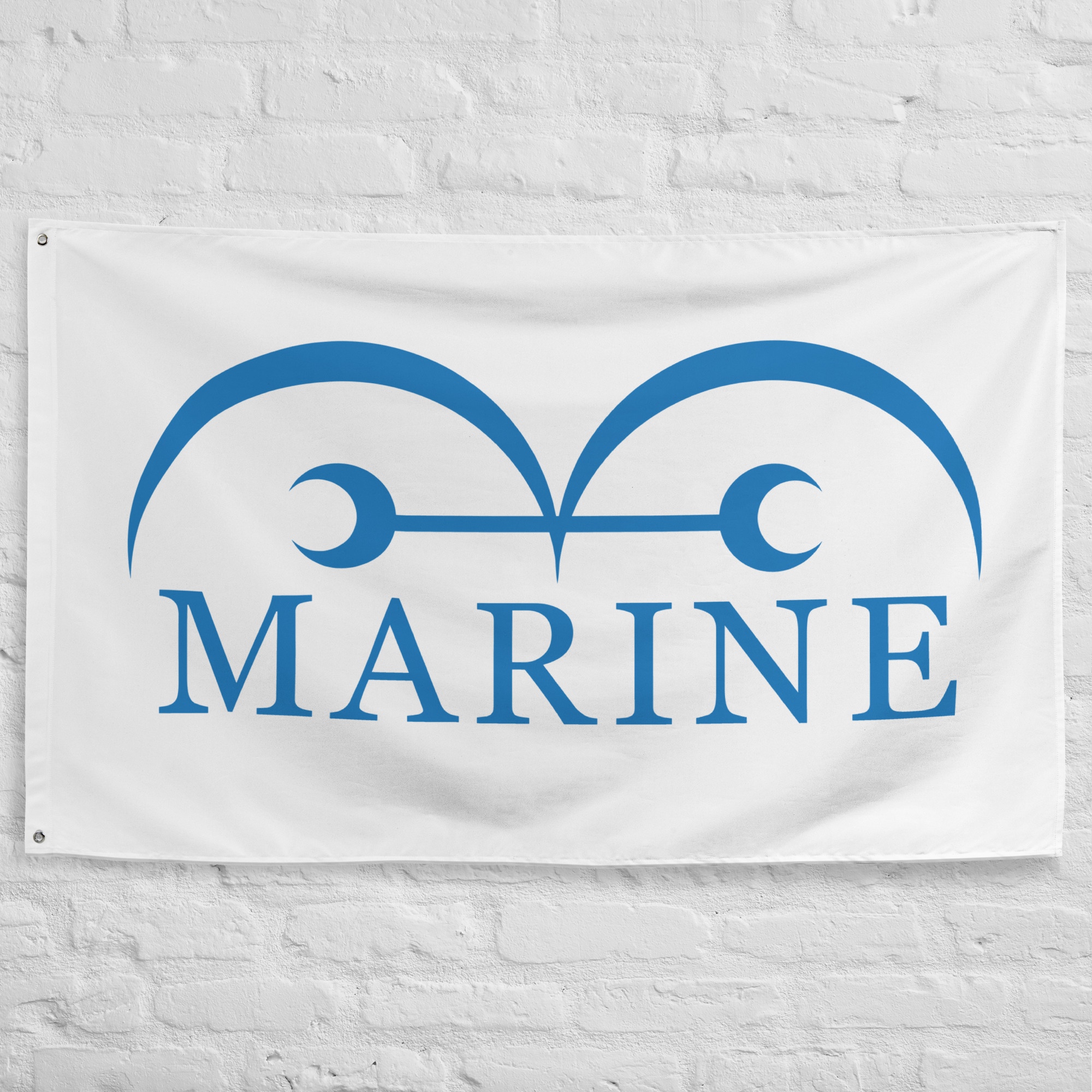 marine-flag-one-piece-world-government-banner Marine Flag One Piece featuring the iconic blue Marine emblem on a white background representing the World Government Navy, justice, and authority in the One Piece universe.