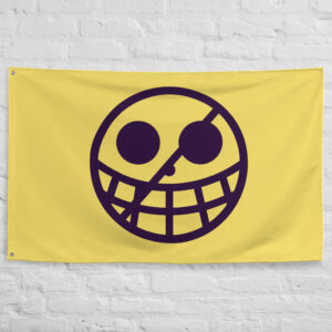 Donquixote Pirates Flag featuring the iconic crossed smiling emblem on a yellow background representing Donquixote Doflamingo, the Donquixote Family, and the One Piece universe.