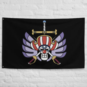 Cross Guild Flag featuring the winged Jolly Roger with crossed swords on a black background representing Cross Guild, Buggy, Mihawk, Crocodile, and the One Piece universe.