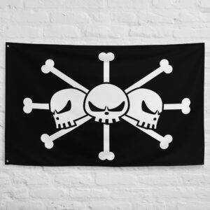 Blackbeard Pirates Flag featuring the iconic three-skull Jolly Roger on a black background representing Marshall D. Teach, the Blackbeard Pirates, and the One Piece universe.