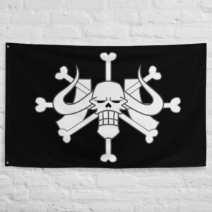 Beast Pirates Flag featuring the iconic horned skull Jolly Roger on a black background representing Kaido, the Beast Pirates, and the One Piece universe.