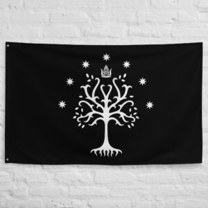 Gondor Flag featuring the White Tree of Gondor, royal crown, and seven stars inspired by the Kingdom of Gondor in The Lord of the Rings and Middle Earth.