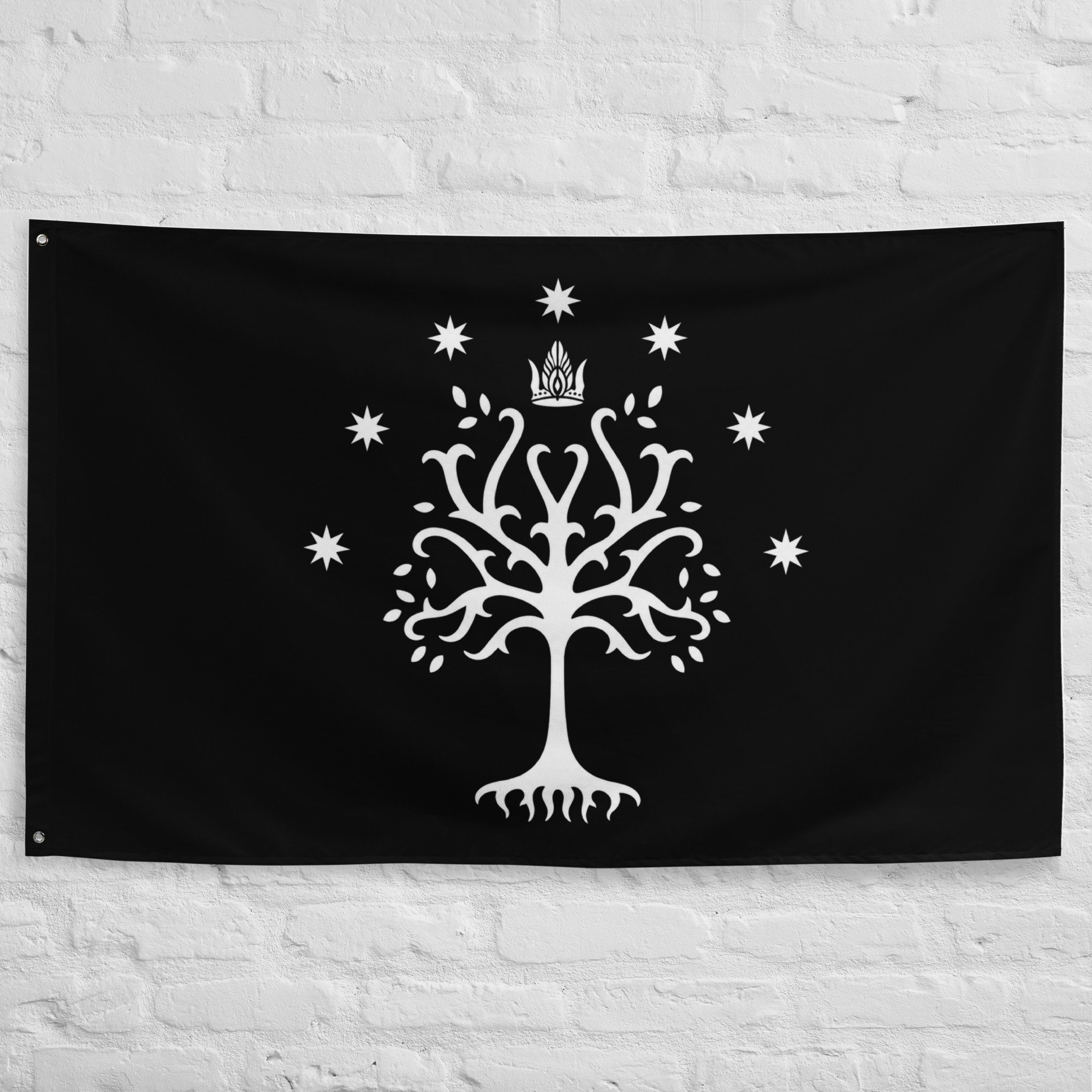 gondor-flag-white-tree-crown-lotr-banner Gondor Flag featuring the White Tree of Gondor, royal crown, and seven stars inspired by the Kingdom of Gondor in The Lord of the Rings and Middle Earth.