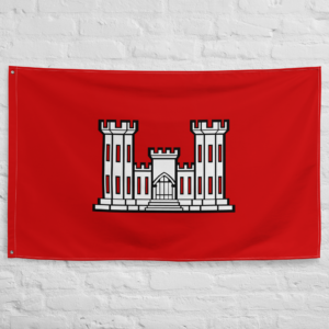 US Army Corps of Engineers Flag featuring the historic castle emblem on a red background representing the United States Army Corps of Engineers.