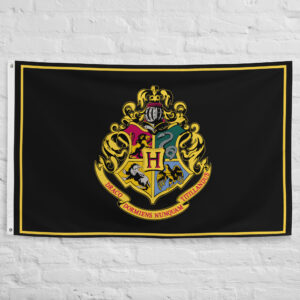 Hogwarts Flag featuring the Hogwarts crest, house symbols, and famous wizarding school motto.