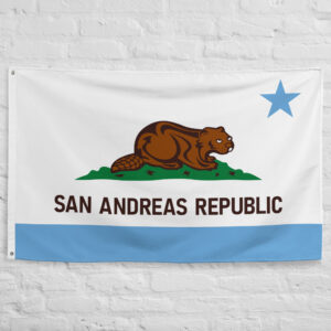 San Andreas Republic Flag featuring a bear emblem, blue star, and fictional republic design inspired by GTA style gaming culture.