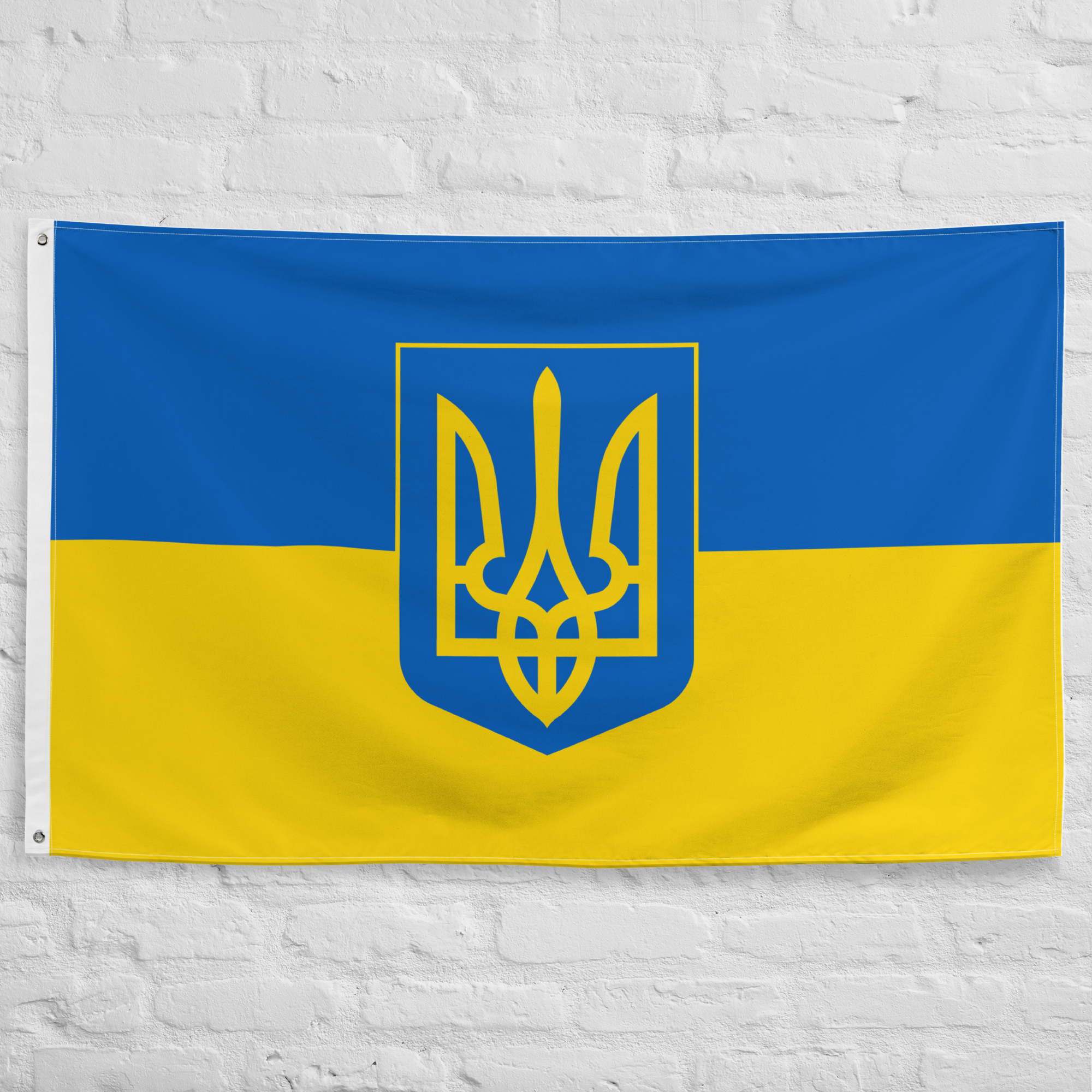 Ukraine Flag featuring the blue and yellow national colors with the historic Tryzub emblem symbolizing Ukrainian independence and heritage.