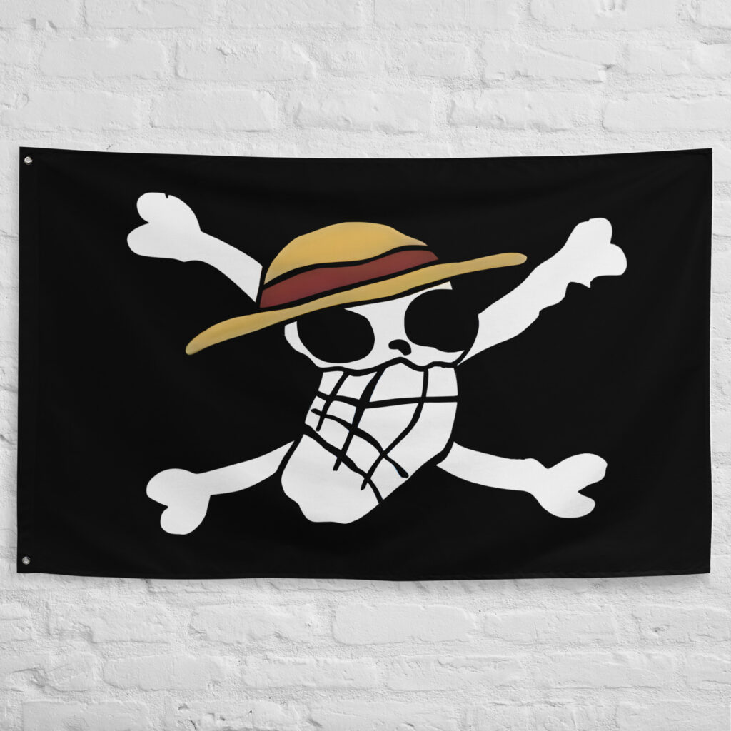 Original Straw Hat Pirate Flag featuring Luffy's first hand-drawn Jolly Roger with a straw hat skull and crossbones from One Piece.