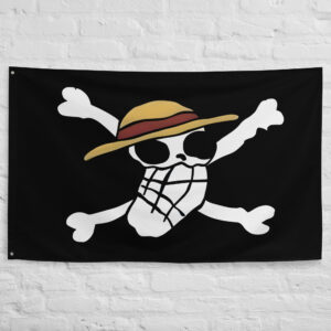 Original Straw Hat Pirate Flag featuring Luffy's first hand-drawn Jolly Roger with a straw hat skull and crossbones from One Piece.
