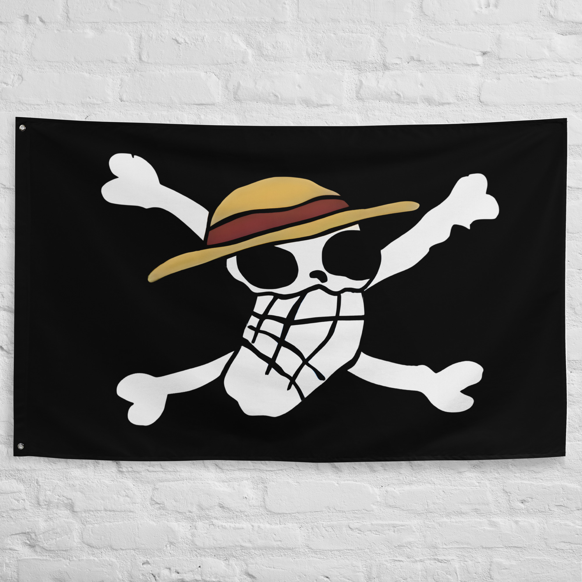 Original Straw Hat Pirate Flag featuring Luffy's first hand-drawn Jolly Roger with a straw hat skull and crossbones from One Piece.