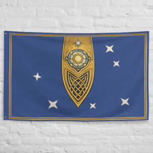 Lothlorien Flag featuring a golden Elven emblem and stars inspired by the Golden Wood and Elven kingdom of Lothlorien in The Lord of the Rings.
