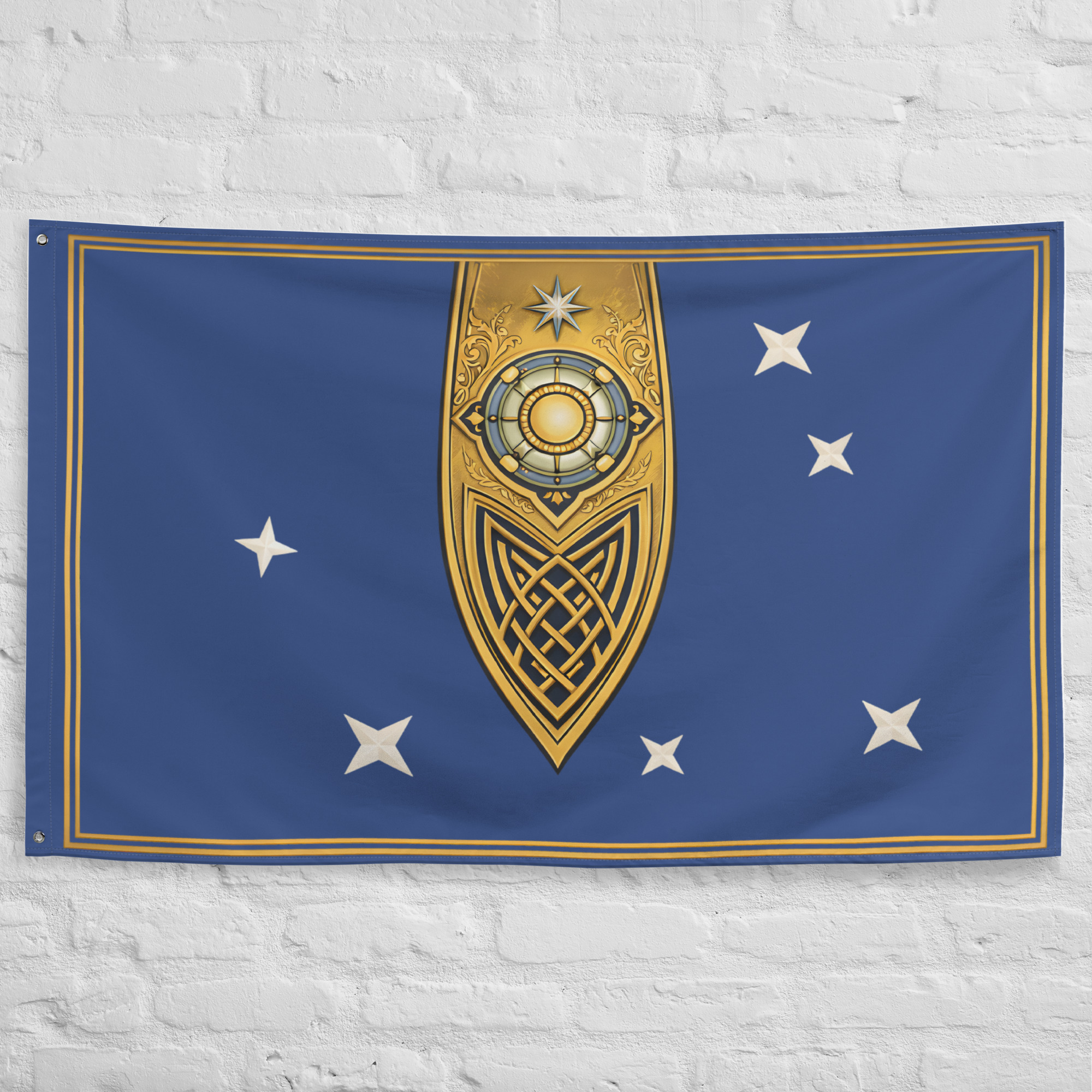 lothlorien-flag-golden-elven-realm-lotr-banner Lothlorien Flag featuring a golden Elven emblem and stars inspired by the Golden Wood and Elven kingdom of Lothlorien in The Lord of the Rings.