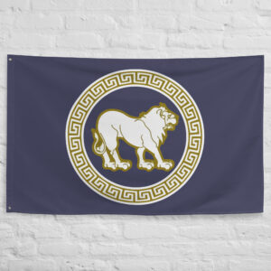 Massalia Flag featuring a lion emblem and Greek key border representing the ancient Greek colony of Massalia, modern Marseille.