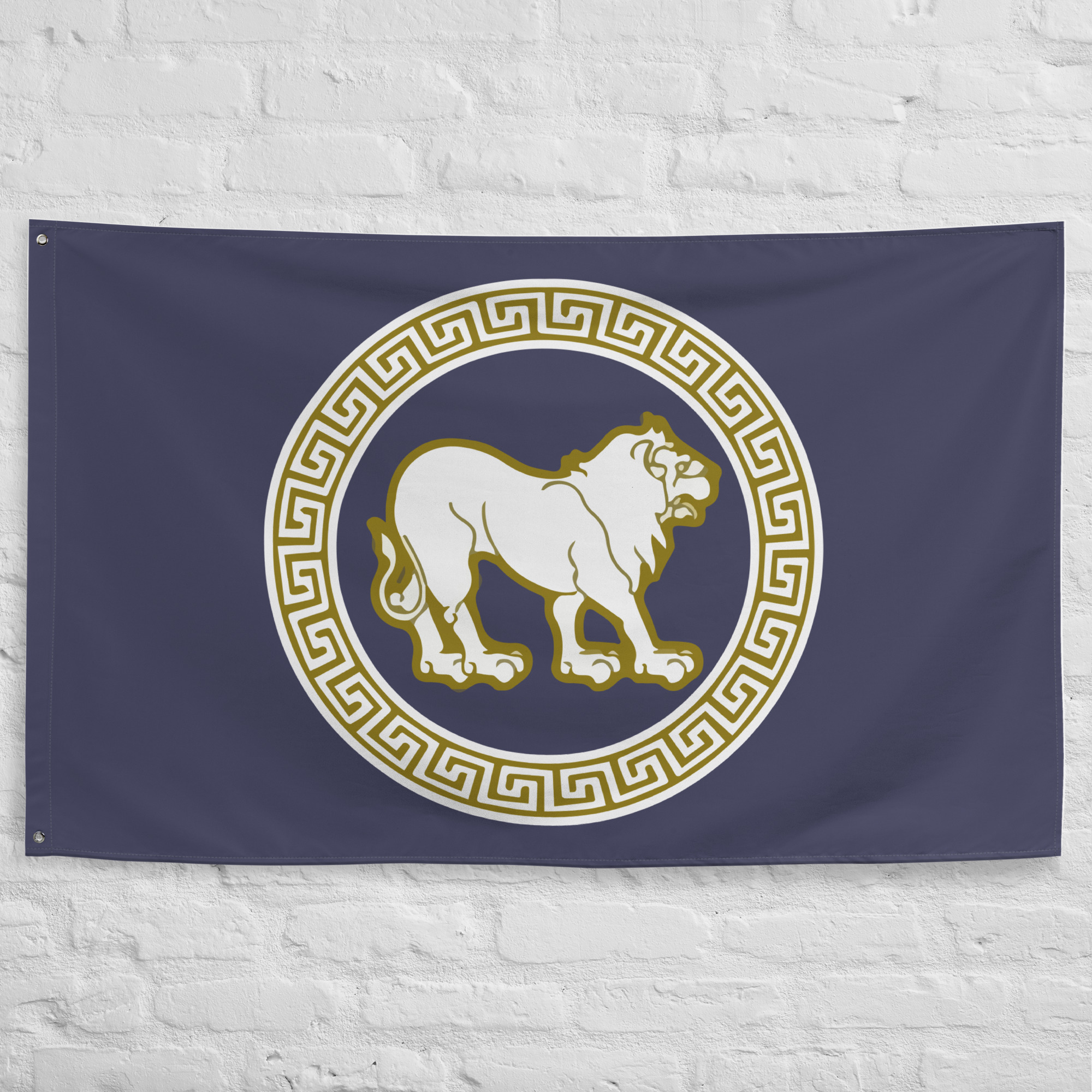 Massalia Flag featuring a lion emblem and Greek key border representing the ancient Greek colony of Massalia, modern Marseille.