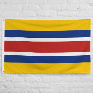Mengjiang Flag featuring yellow, blue, white, and red horizontal stripes representing the historic Mongol Autonomous Government of Inner Mongolia.