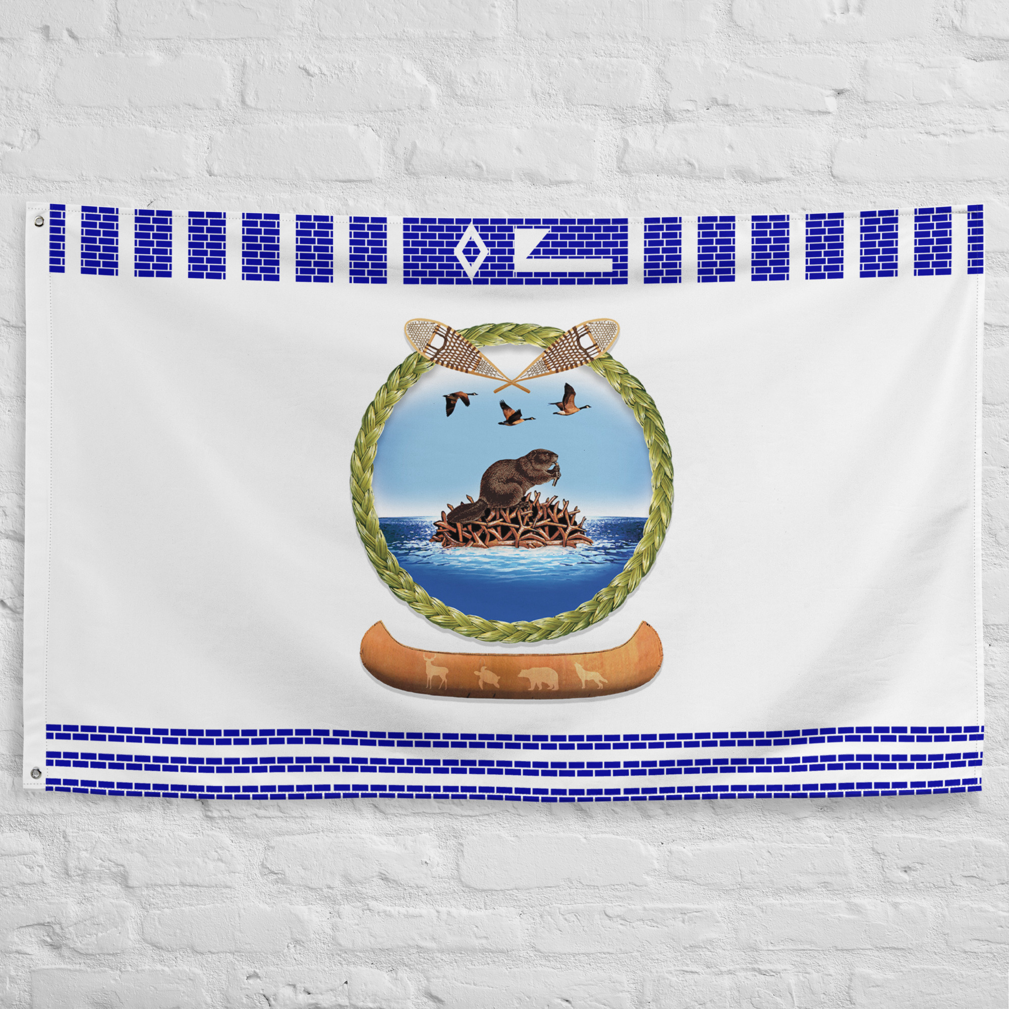 Huron Wendat Flag featuring the emblem of the Huron-Wendat Nation with traditional decorative elements representing First Nations heritage, culture, and Indigenous identity.