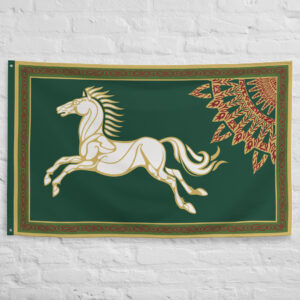 Rohan Flag featuring a golden horse emblem on a green medieval fantasy banner