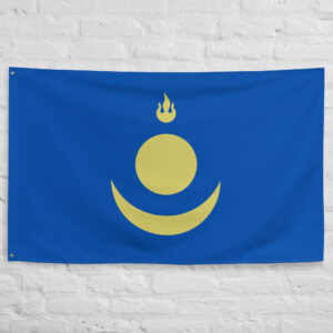 Mongolian Empire Flag featuring golden imperial symbols on a blue background representing the legacy of the Great Mongol Empire.