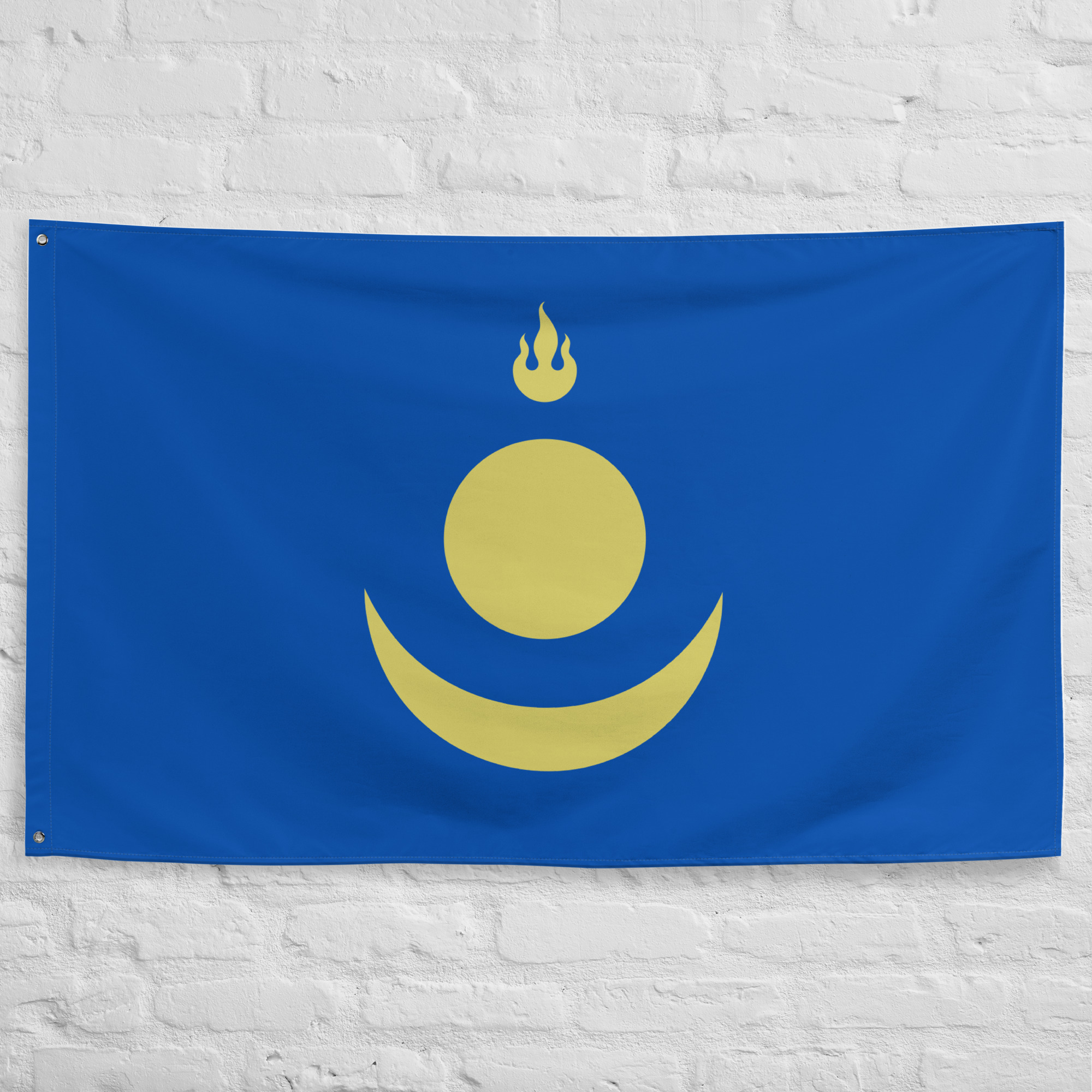 Mongolian Empire Flag featuring golden imperial symbols on a blue background representing the legacy of the Great Mongol Empire.