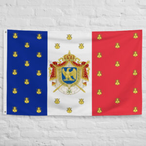 Napoleon III Flag featuring the imperial coat of arms and golden bees on the French tricolor representing the Second French Empire and Bonapartist heritage.