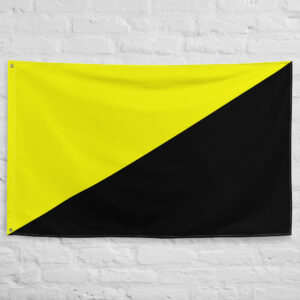 Anarcho-Capitalism Flag featuring the iconic yellow and black diagonal design associated with anarcho-capitalist and libertarian political philosophy.