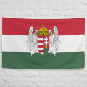 Kingdom of Hungary Flag featuring the crowned Hungarian coat of arms with angel supporters used during the period 1867-1918.