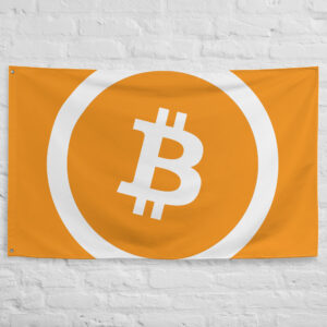 Bitcoin Flag featuring the iconic BTC symbol on an orange background representing cryptocurrency, blockchain technology, and digital finance.