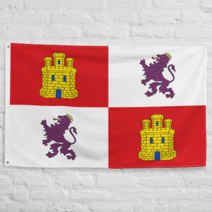 Castile and León Flag featuring the historic castle and lion emblems representing the medieval Kingdoms of Castile and León in Spain.