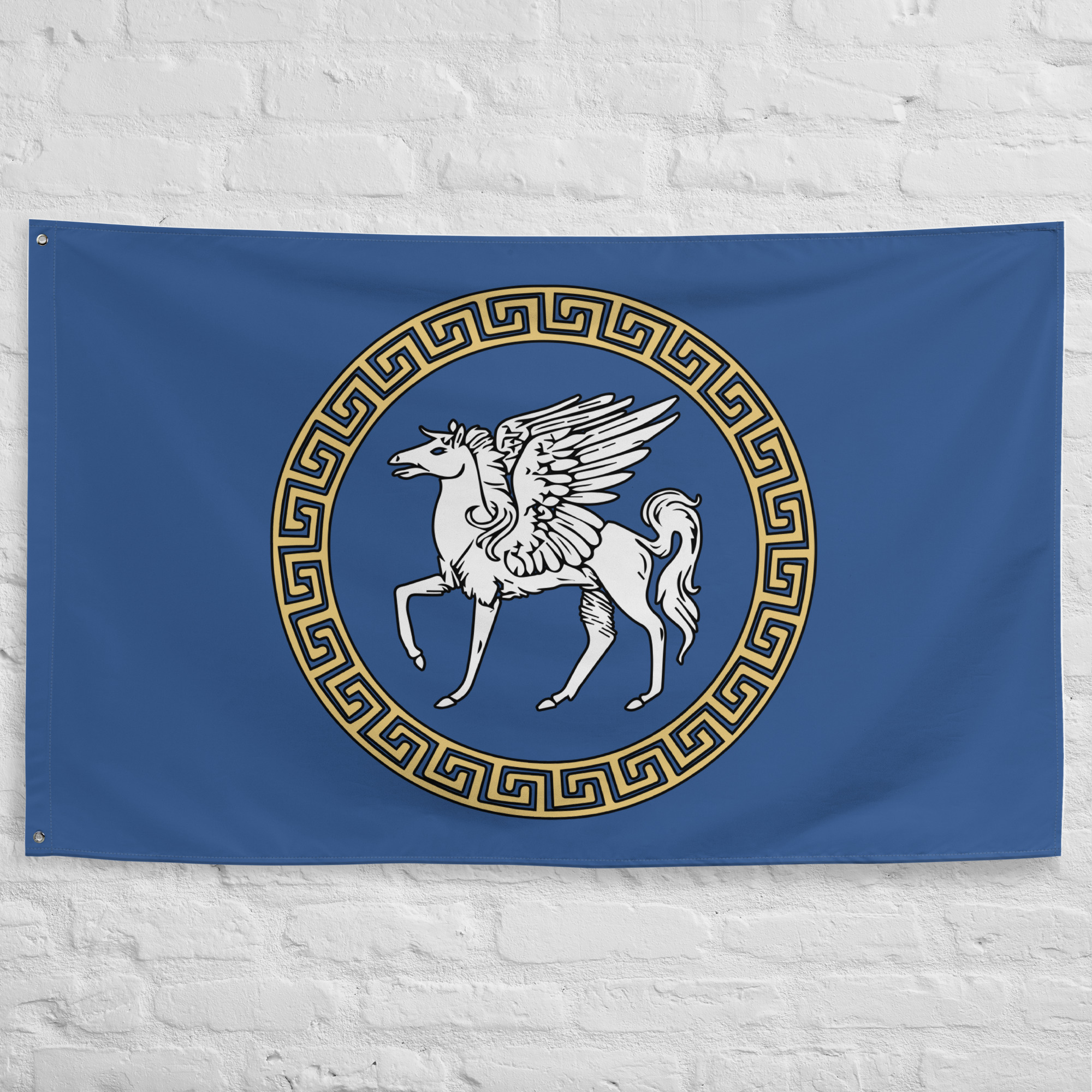 Ancient Corinth Flag featuring Pegasus, the legendary winged horse symbol of Ancient Korinthos and one of the most powerful city states of Classical Greece.