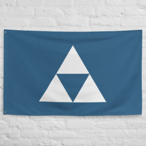 Hojo Clan Crest Flag featuring the historic Hojo family mon in white on a blue background representing one of the most powerful samurai clans of feudal Japan.
