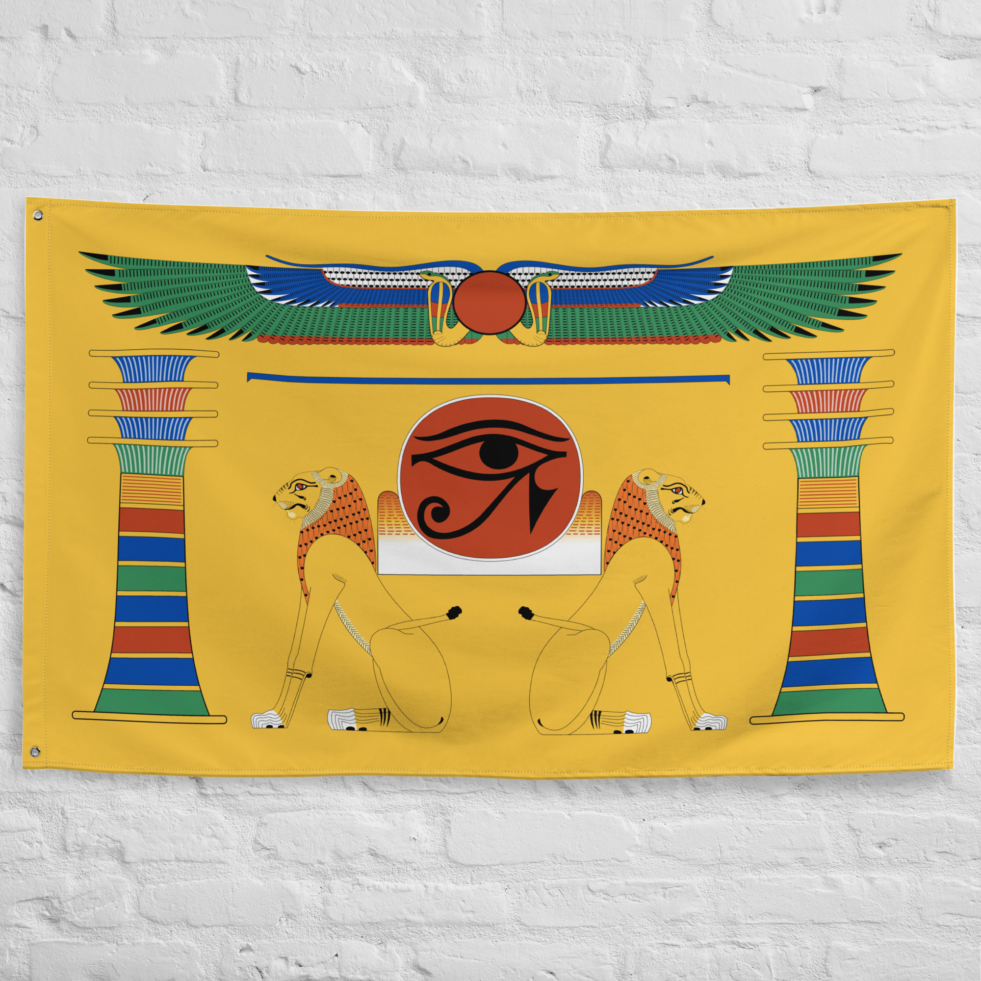 ancient-egypt-flag.jpg Ancient Egypt Flag featuring the Eye of Horus, winged solar disk, and sacred Egyptian symbols representing the civilization of the pharaohs.