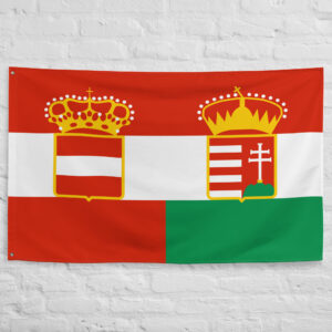 Austria Hungary Flag featuring the Austrian and Hungarian coats of arms representing the historic Dual Monarchy of Austria Hungary.