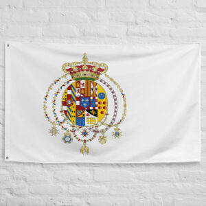 Kingdom of the Two Sicilies Flag featuring the historic Bourbon royal coat of arms on a white banner