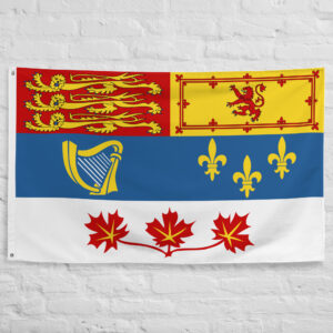 Canadian Royal Standard Flag featuring lions, fleurs-de-lis, harp, and maple leaves representing the royal heritage of Canada.