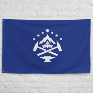 Blue Mountains Dwarven Flag featuring a white dwarven emblem and stars inspired by Ered Luin and the ancient Dwarven kingdoms of The Lord of the Rings and Middle Earth.