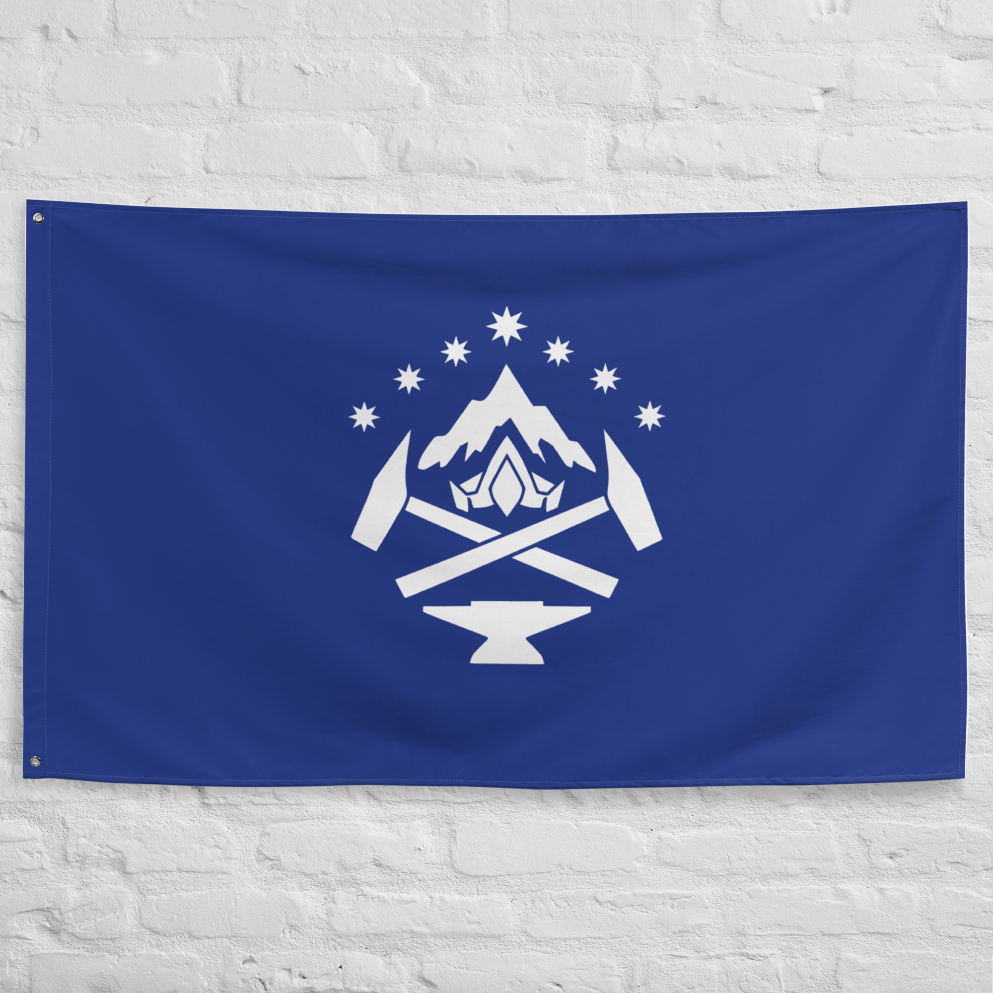 blue-mountains-dwarven-flag-lotr-fantasy-banner Blue Mountains Dwarven Flag featuring a white dwarven emblem and stars inspired by Ered Luin and the ancient Dwarven kingdoms of The Lord of the Rings and Middle Earth.