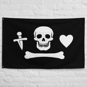 Stede Bonnet Pirate Flag featuring a skull, dagger, heart, and crossbone design on a black background representing the famous Gentleman Pirate.