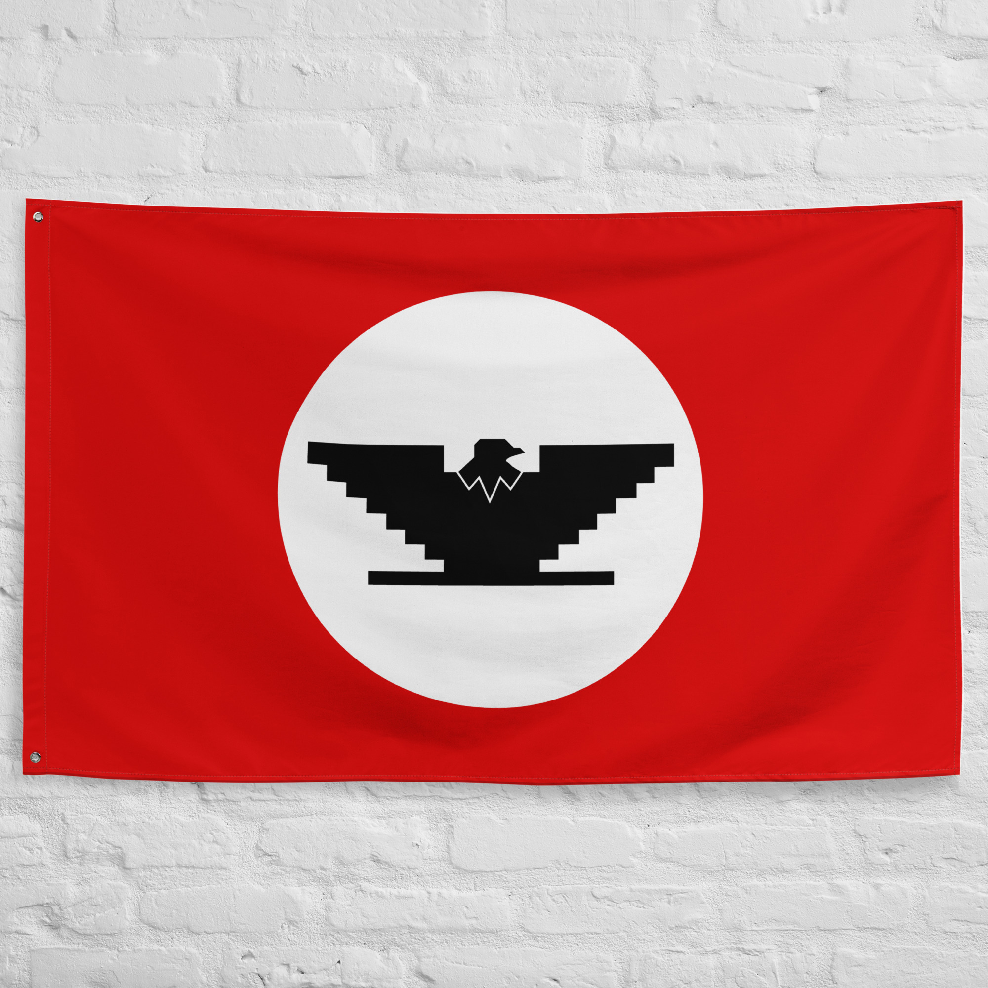 aztlan-workers-solidarity-flag.jpg Aztlan Workers' Solidarity Flag featuring the black eagle emblem associated with the Chicano movement on a red and white banner