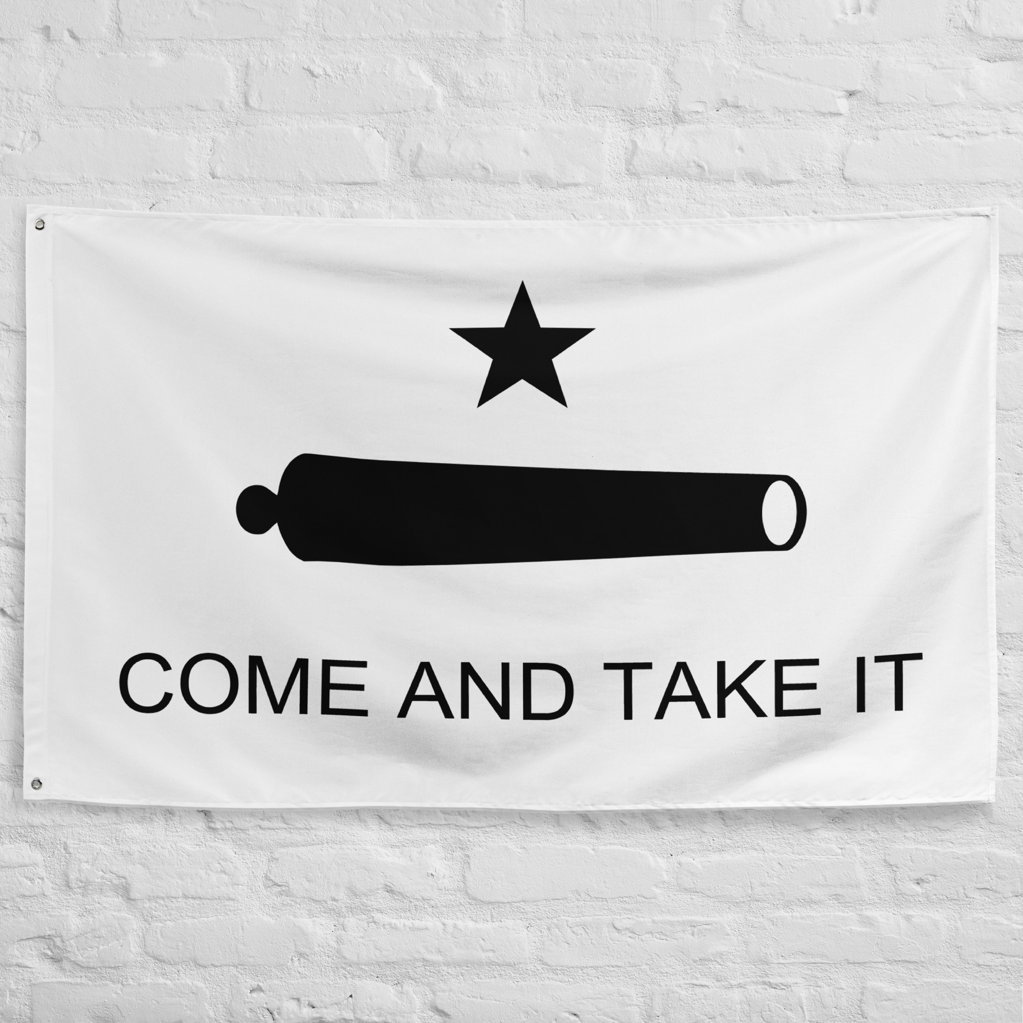 come-and-take-it-flag-texas-revolution-banner.webp Come and Take It Flag featuring the Gonzales cannon, lone star, and famous Texas Revolution slogan on a historic white banner