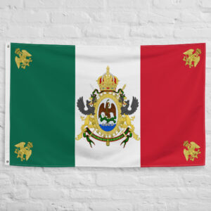 Historic Mexican Empire Flag featuring the imperial coat of arms on a green white and red tricolor banner from nineteenth century Mexico.