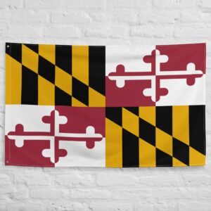 Maryland State Flag featuring the historic Calvert and Crossland heraldic design, official state banner of Maryland in black, gold, red, and white.