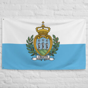 San Marino Flag featuring the national coat of arms with the three towers of Mount Titano, symbolizing liberty and the world's oldest republic.