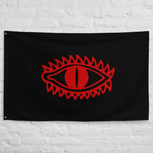 Mordor Flag featuring the Eye of Sauron from Lord of the Rings on a black fantasy banner with a red eye symbol