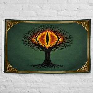 Dol Guldur Flag featuring a twisted black tree and fiery eye inspired by the Shadow Fortress of Dol Guldur in The Lord of the Rings and Middle Earth.