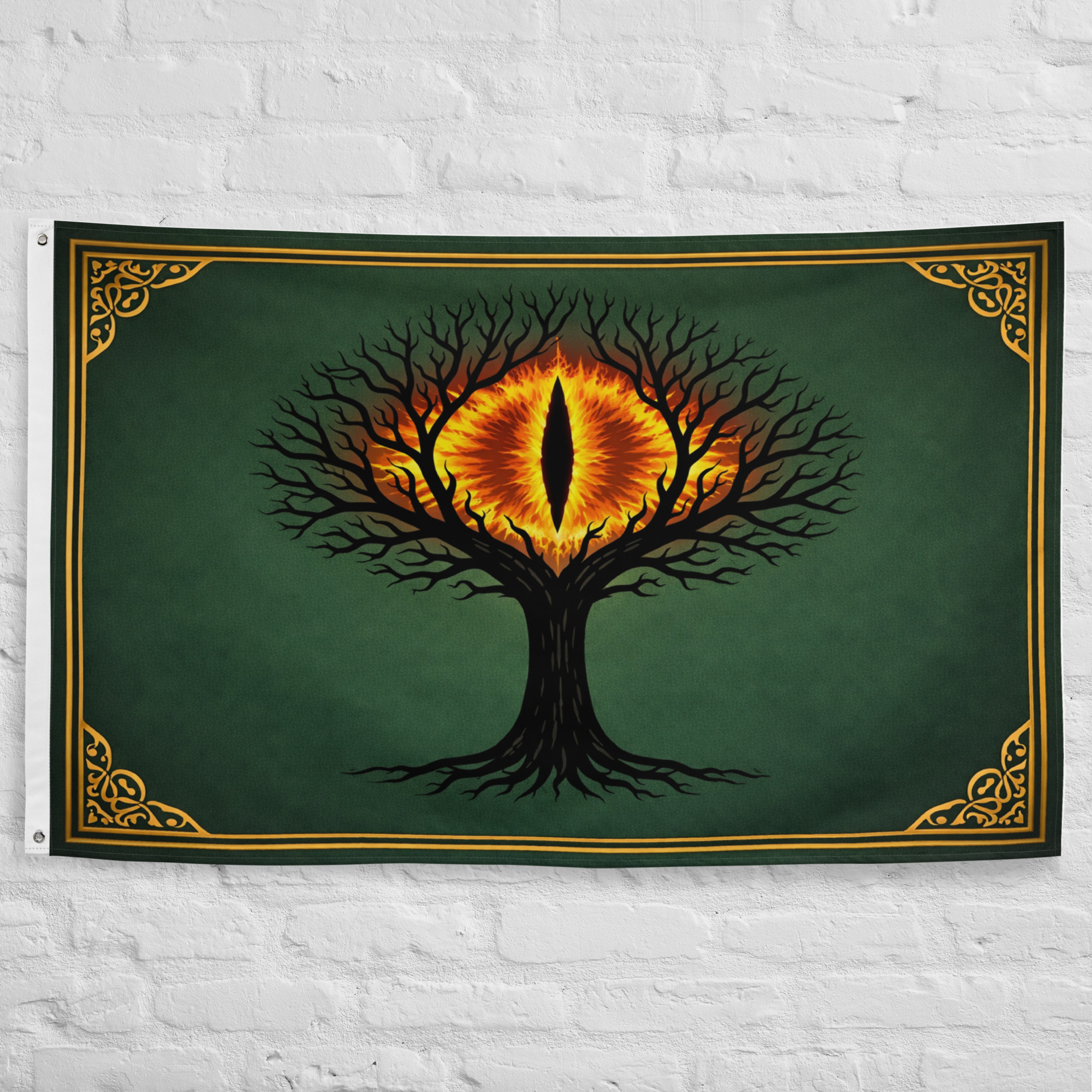 dol-guldur-flag-shadow-fortress-lotr-fantasy-banner Dol Guldur Flag featuring a twisted black tree and fiery eye inspired by the Shadow Fortress of Dol Guldur in The Lord of the Rings and Middle Earth.